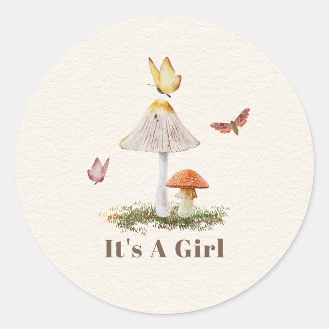Mushrooms Butterflies Nature Girl Baby Shower Classic Round Sticker (Front)