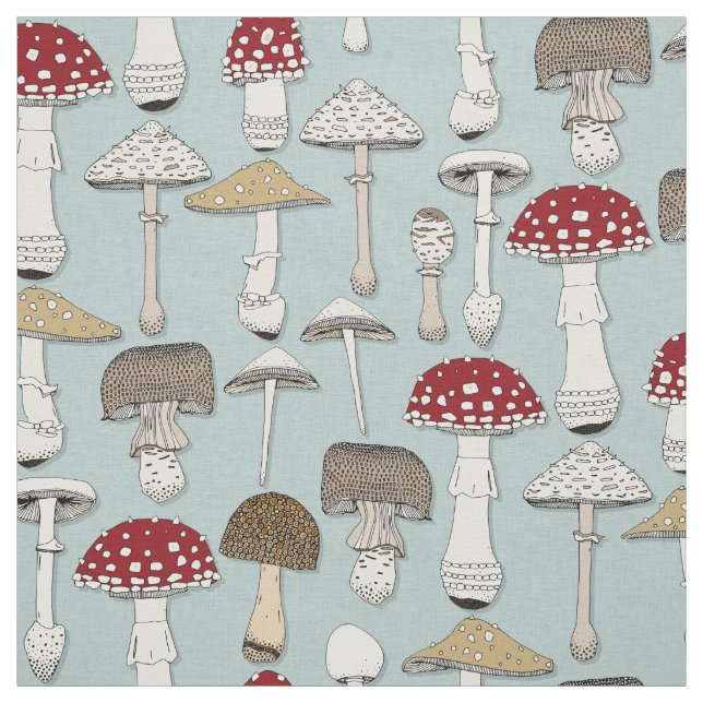 mushrooms celadon blue fabric (Swatch)
