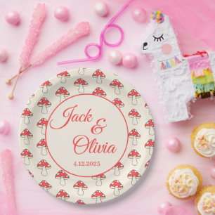 Mushrooms Cute Retro Kawaii Custom Couple Name Paper Plate