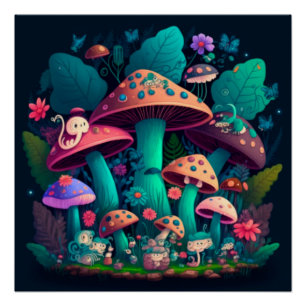 Mushrooms elfs in the field poster