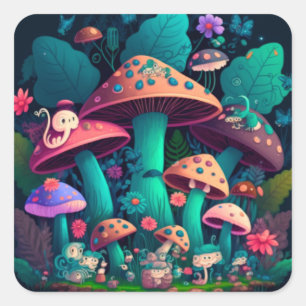 Mushrooms elfs in the field square sticker