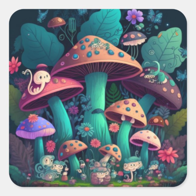 Mushrooms elfs  in the field   square sticker (Front)