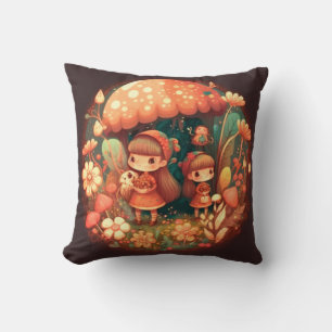 Mushrooms elfs  in the field throw pillow