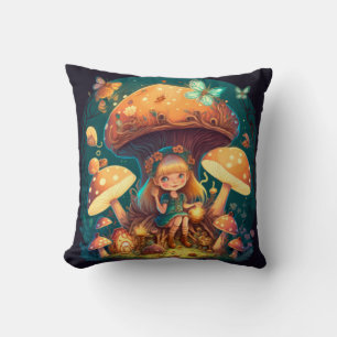 Mushrooms elfs  in the field throw pillow