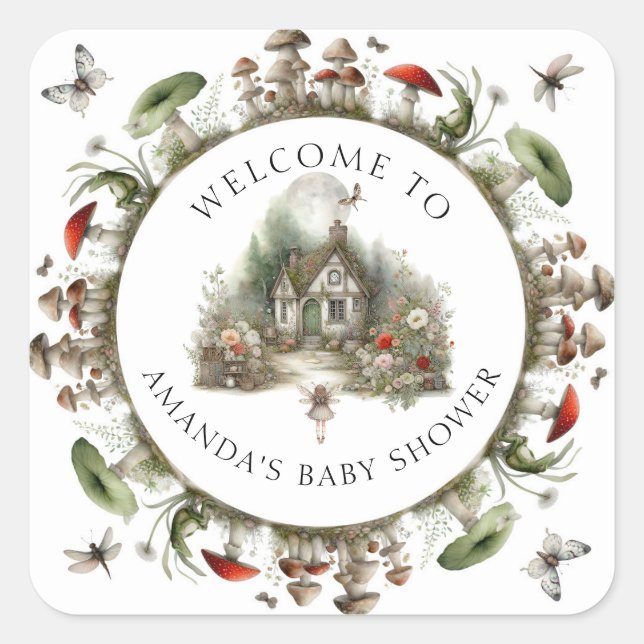 Mushrooms Fairy Floral Welcome Baby Girl Shower Square Sticker (Front)