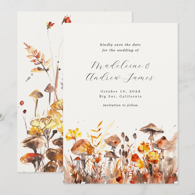 Mushrooms Fall Wild Flowers Calligraphy Wedding Save The Date (Front/Back)