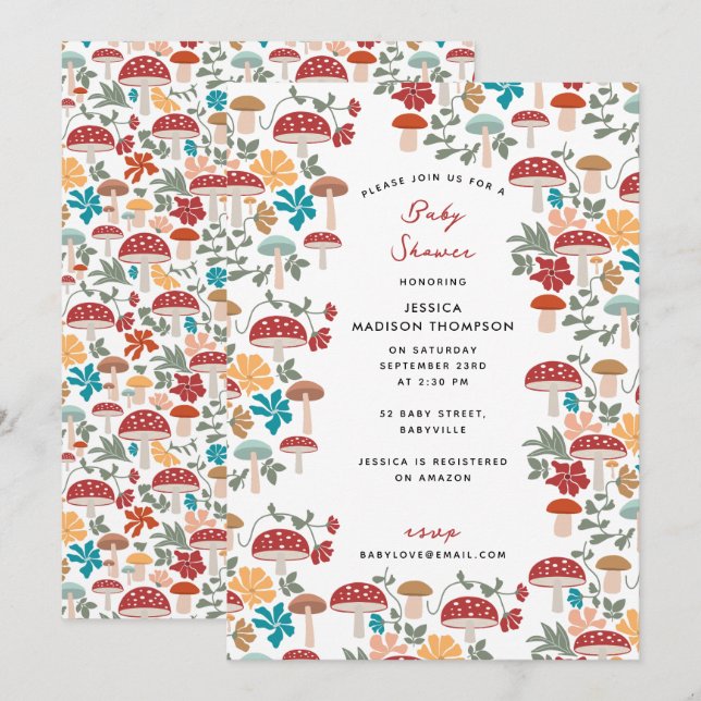 Mushrooms & Floral Mid Century Baby Shower Invitation (Front/Back)