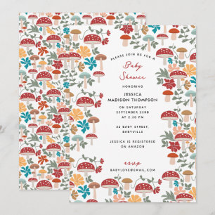 Mushrooms & Floral Mid Century Baby Shower Invitation
