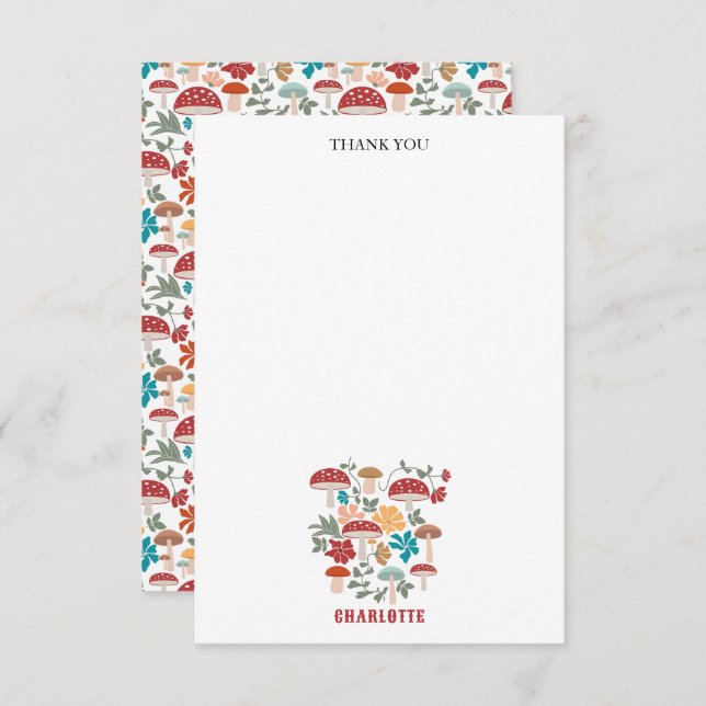 Mushrooms & Floral Mid Century Modern Custom Name Thank You Card (Front/Back)