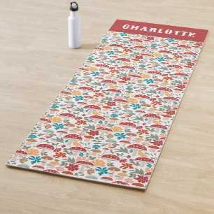 Mushrooms & Floral Mid Century Modern Custom Name Yoga Mat