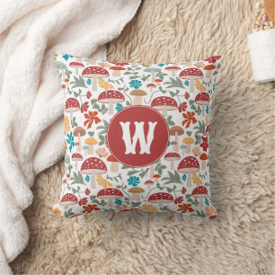 Mushrooms & Floral Mid Century Modern Monogram Cushion