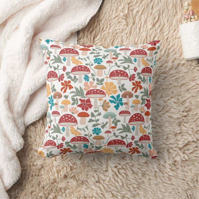 Mushrooms & Floral Mid Century Modern Pattern Cushion (Blanket)