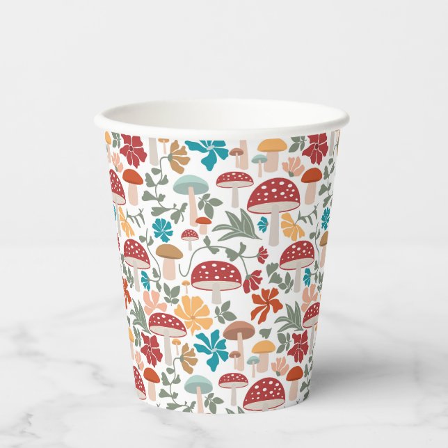Mushrooms & Floral Mid Century Modern Pattern Paper Cups (Front)