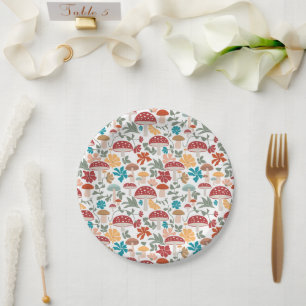 Mushrooms & Floral Mid Century Modern Pattern Paper Plate