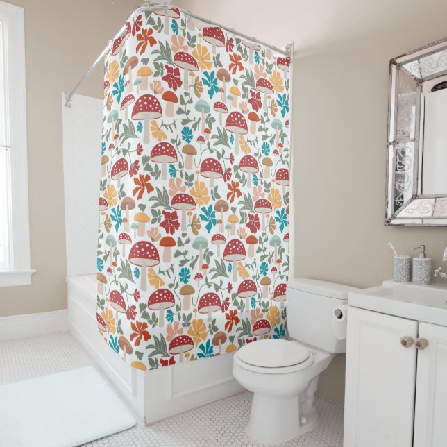 Mushrooms & Floral Mid Century Modern Pattern Shower Curtain (In Situ)