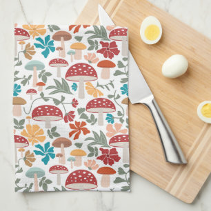 Mushrooms & Floral Mid Century Modern Pattern Tea Towel