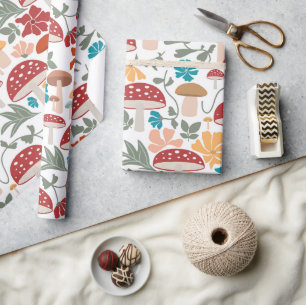 Mushrooms & Floral Mid Century Modern Pattern Wrapping Paper
