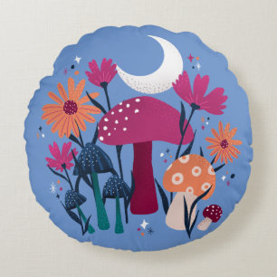 Mushrooms & florals - moonstone blue & burnt pink round cushion