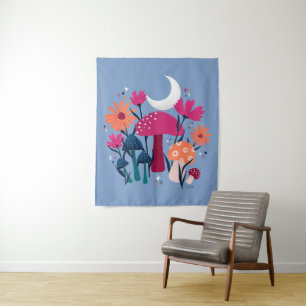 Mushrooms & florals - moonstone blue & burnt pink tapestry