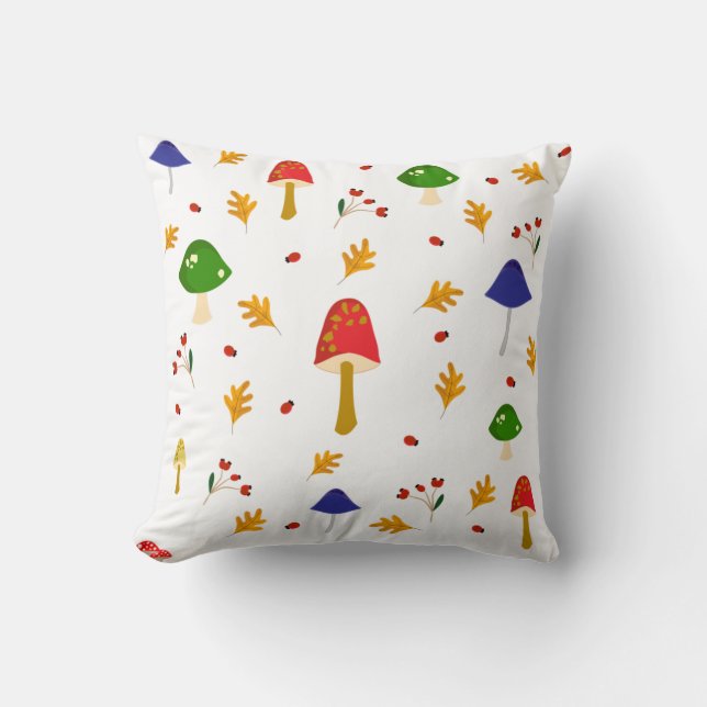 Mushrooms, Flowers, Leaves, Autumn Fall Themed Cushion (Front)