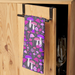 Mushrooms & Flowers Vibrant Pink, Purple & Black Tea Towel