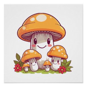 Mushrooms foraging, happy kawaii style poster