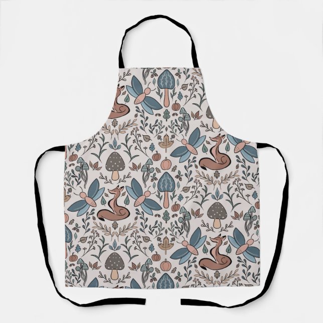 Mushrooms Fox & Dragonfly Cute Autumn Pattern Apron (Front)