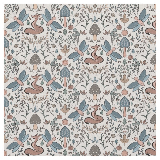 Mushrooms Fox & Dragonfly Cute Autumn Pattern Fabric (Close Up)