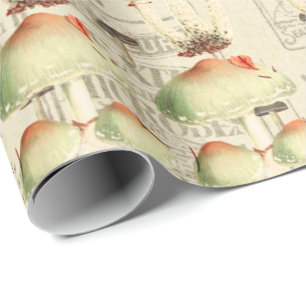Mushrooms Gold Woodland Antique Old Journal Wrapping Paper