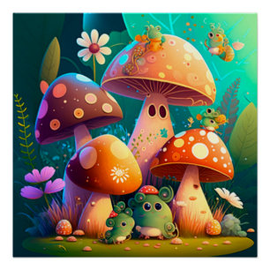 Mushrooms green florals in the field poster