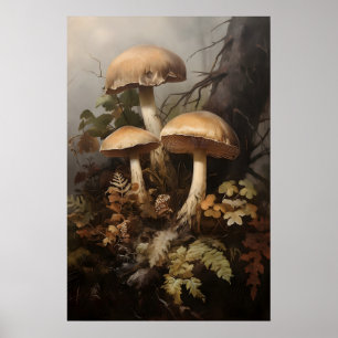 Mushrooms In Moss Fern, Woodland Mushrooms Fall Poster