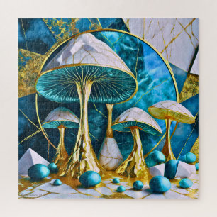Mushrooms in Teal Blue Gold White Marble Surreal Jigsaw Puzzle