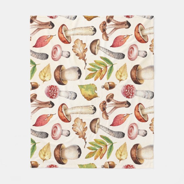 Mushrooms Leaves: Watercolor Illustration Pattern Fleece Blanket (Front)
