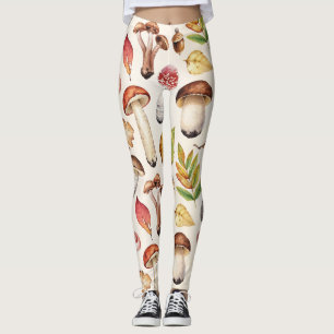 Mushrooms Leaves: Watercolor Illustration Pattern Leggings