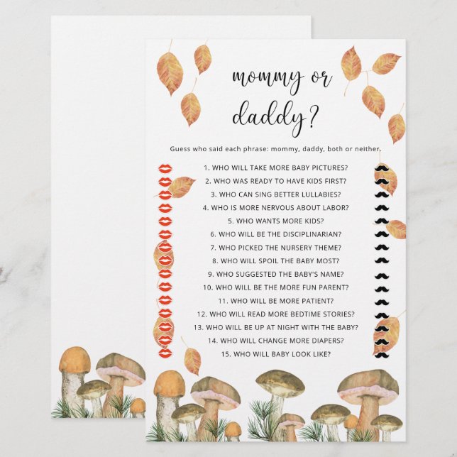 Mushrooms - mummy or daddy baby shower game (Front/Back)
