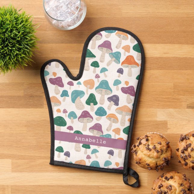 Mushrooms Pattern Orange Cute Personalised Gift Oven Mitt (Top down)