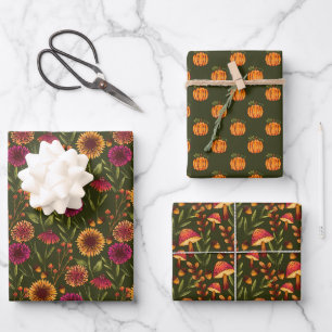 Mushrooms, Pumpkins, and Sunflowers on Dark Green Wrapping Paper Sheet