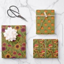 Mushrooms, Pumpkins, and Sunflowers on Olive Green