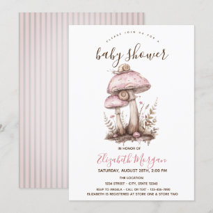Mushrooms Snail Pink Stripes Baby Shower Invitation