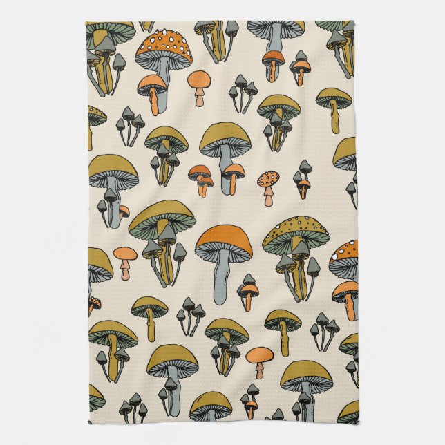 Mushrooms vintage pattern tea towel (Vertical)