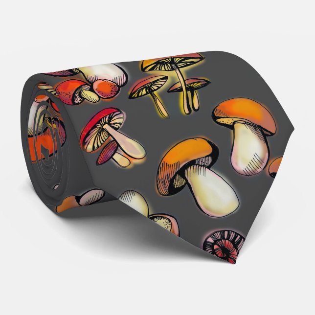 Mushrooms with grey background neck tie (Rolled)