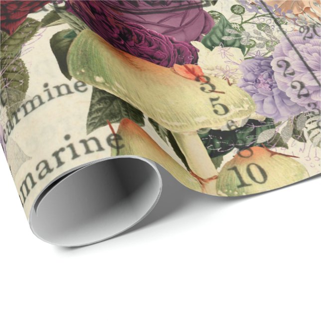 Mushrooms Woodland Antique Ephemera Marsala Red Wrapping Paper (Roll Corner)