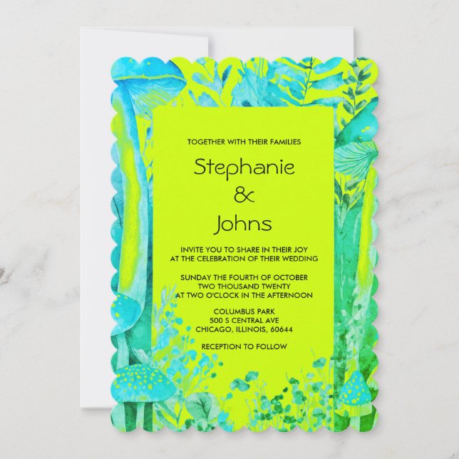Mushrooms Woodland Lime Green Teal Blue Wedding Invitation (Front)