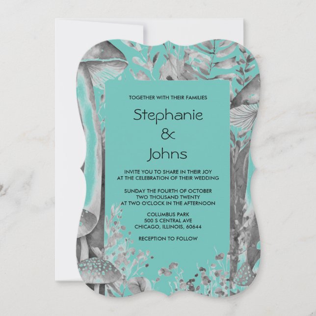 Mushrooms Woodland Teal Blue Black Grey Wedding Invitation (Front)