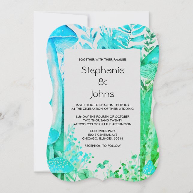 Mushrooms Woodland Teal Blue Black White Wedding Invitation (Front)