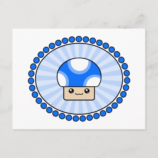 Mushy Puffs Kawaii Mushroom Blue Postcard (Front)