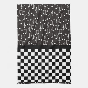 Music and Chequerboard Black and White  Tea Towel