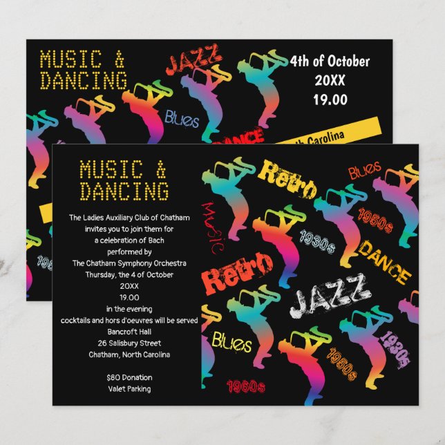 Music and Dancing Party JAZZ RETRO Music Invitation (Front/Back)