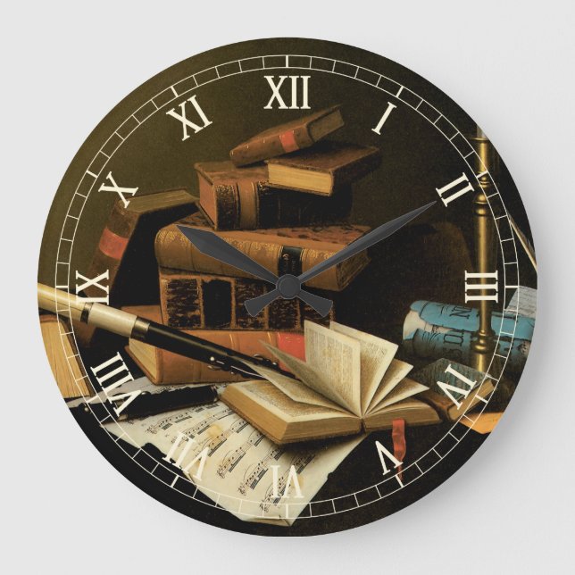 Music and Literature by William Harnett, Fine Art Large Clock (Front)