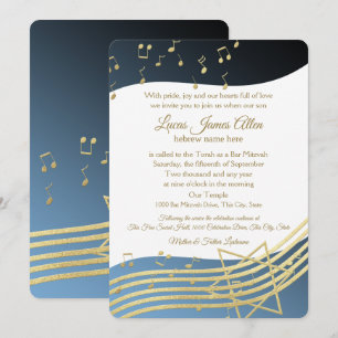 Music Bar Mitzvah Blue and Gold Invitation
